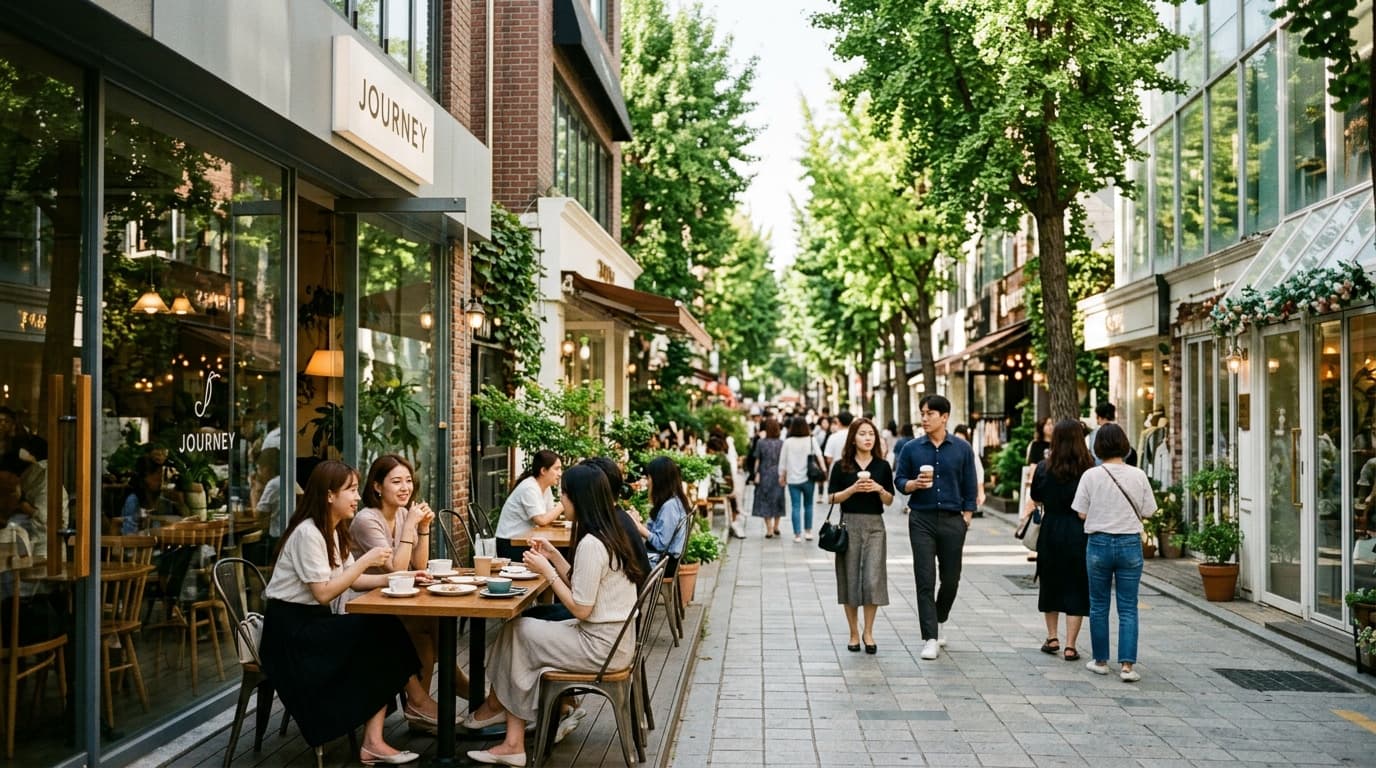 Garosugil street in Seoul with trendy cafes and people enjoying coffee outdoors