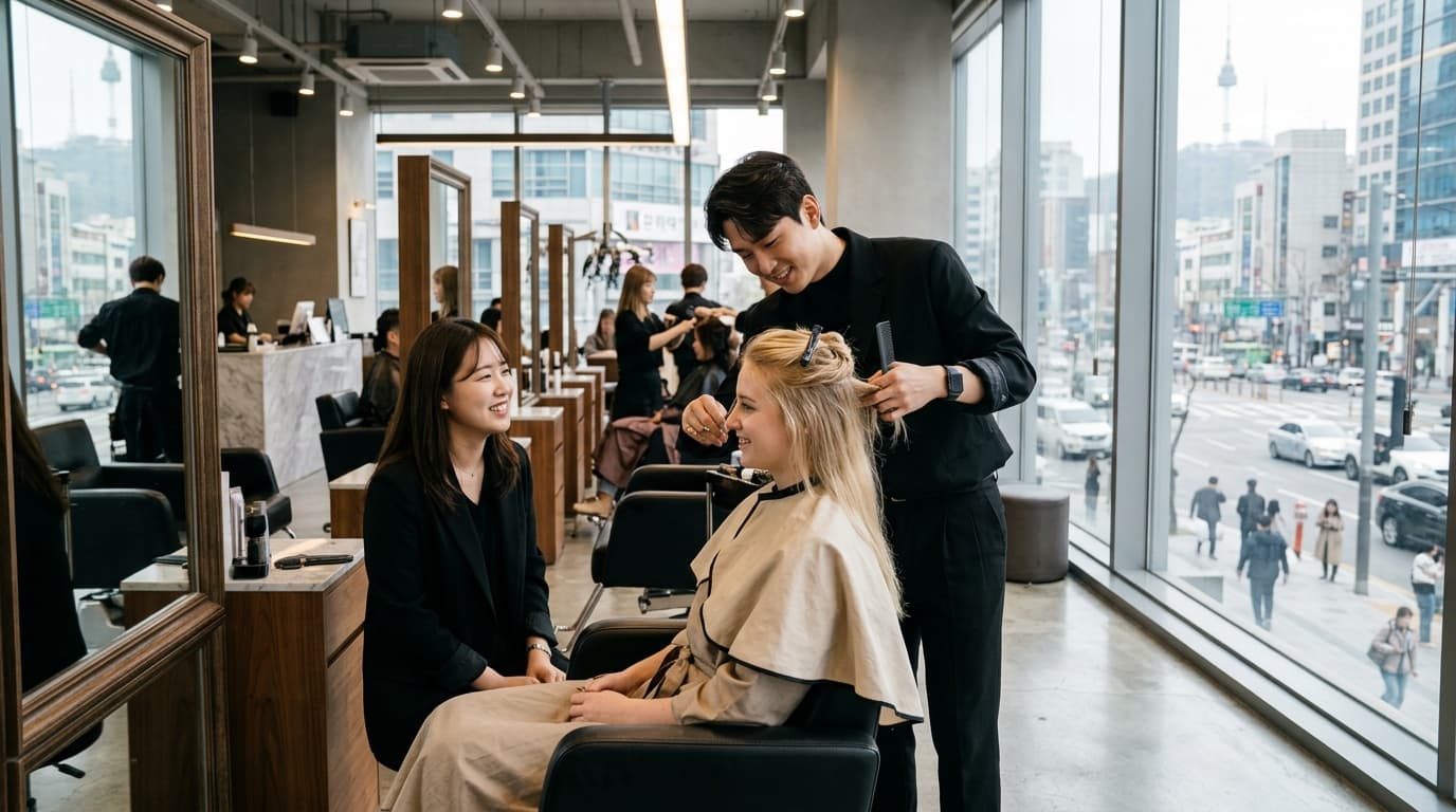 A foreign tourist getting a haircut in a trendy Gangnam hair salon with an interpreter assisting