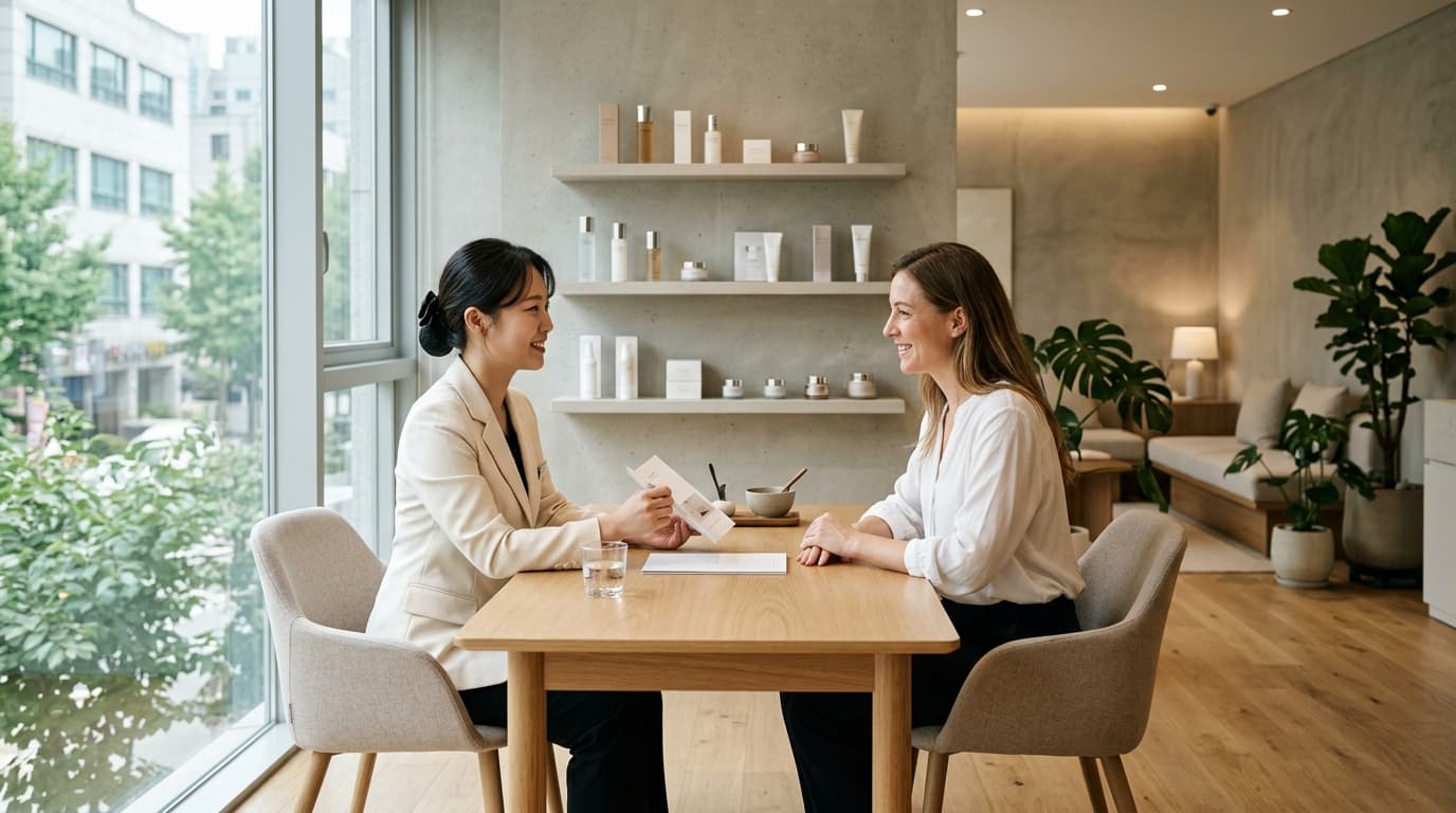 A foreign visitor consults with an English-speaking staff member at a modern Seoul skin clinic