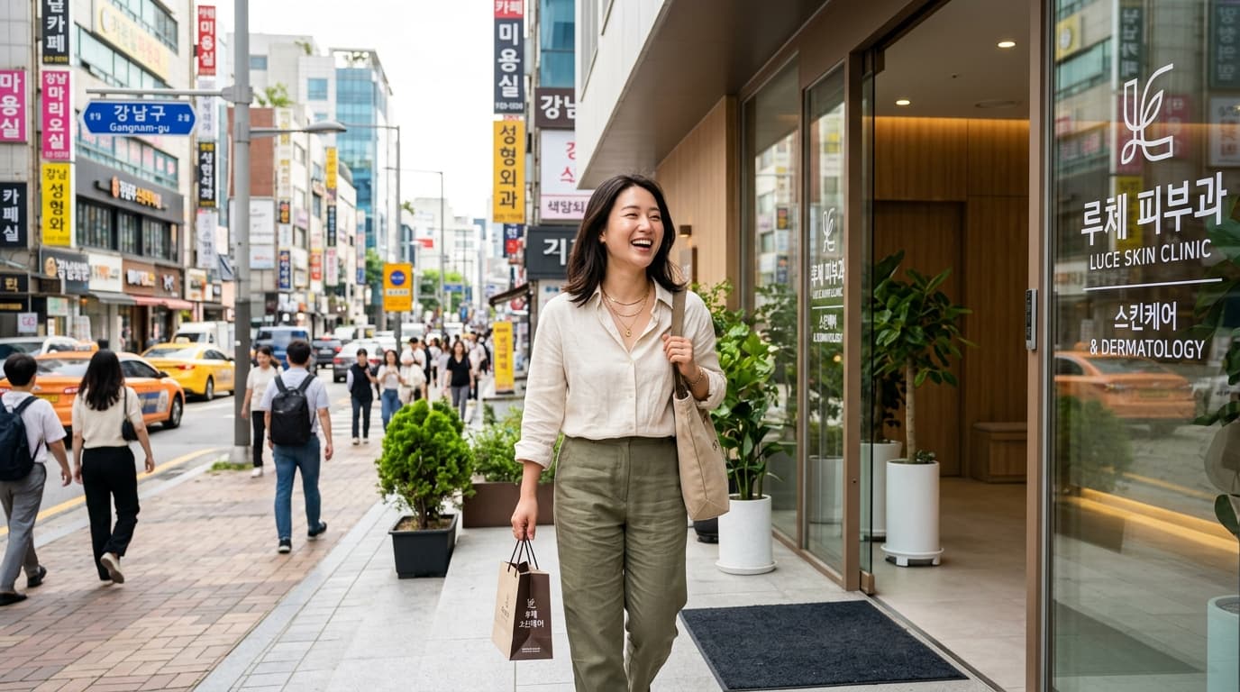 Tourist leaving a modern Seoul skin clinic in Gangnam, looking confident and refreshed