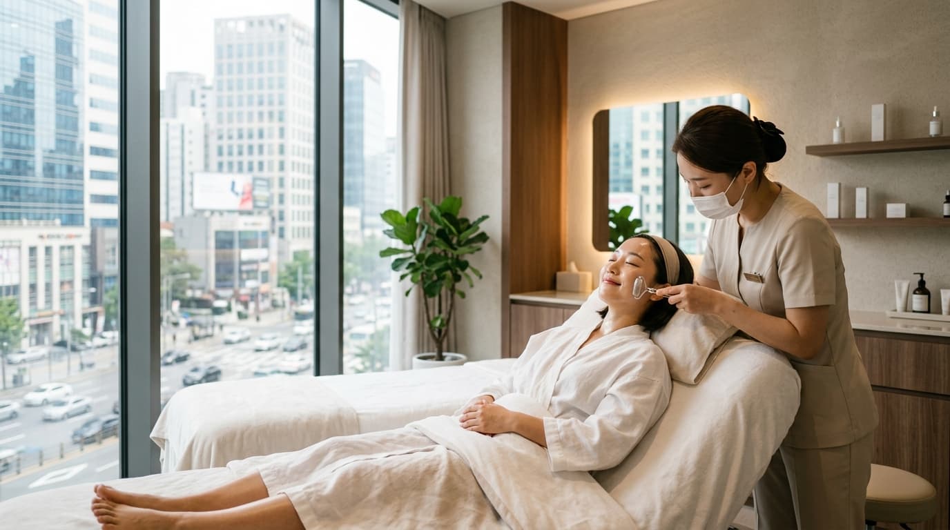 A traveler receives a glass skin facial at a modern Korean skincare clinic in Seoul, sunlight and city views in background