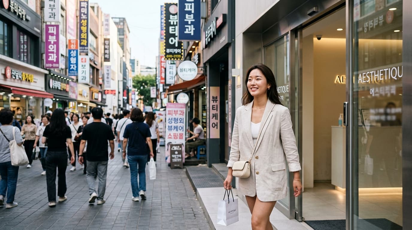 Tourist with glowing skin leaving a Seoul clinic in Myeongdong