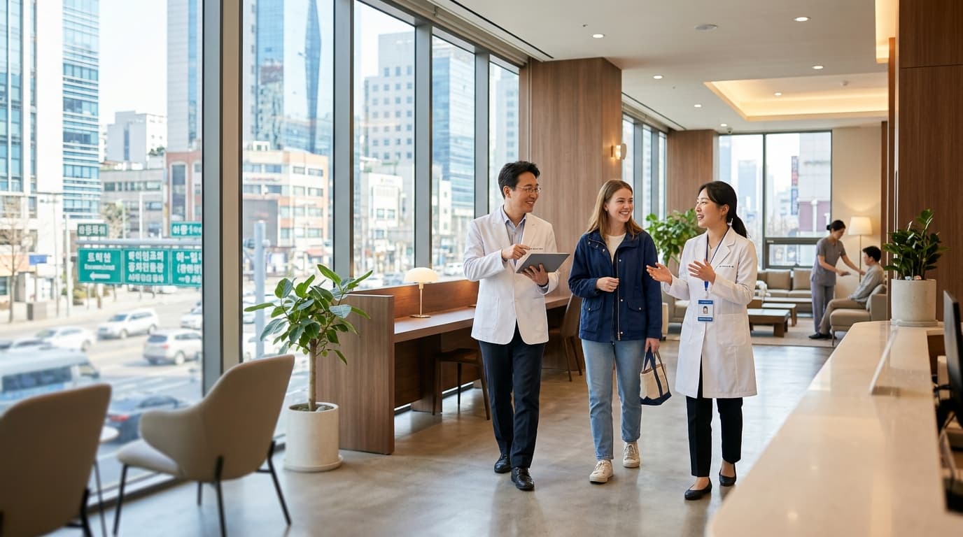 A friendly interpreter assists a visitor at a modern eye clinic in Seoul