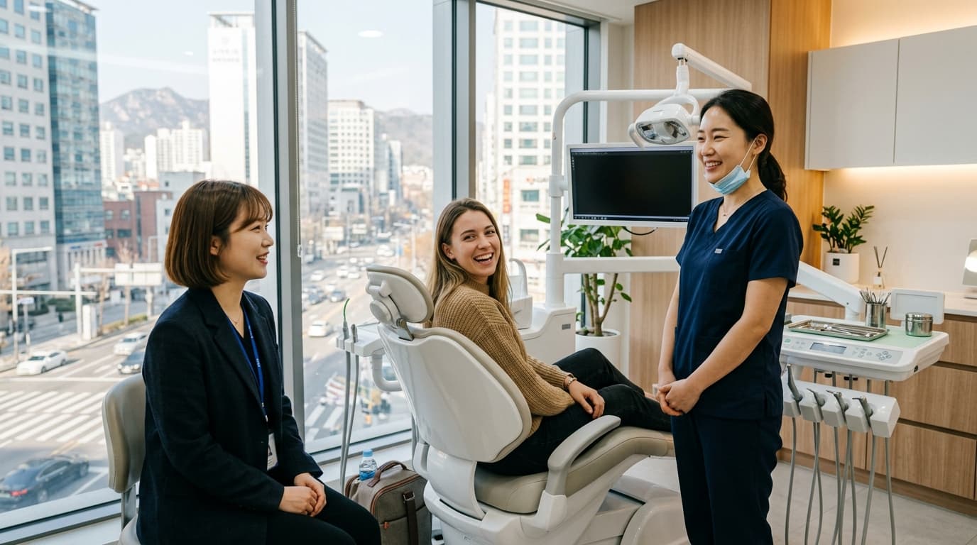International patient at a modern Seoul dental clinic with interpreter and staff