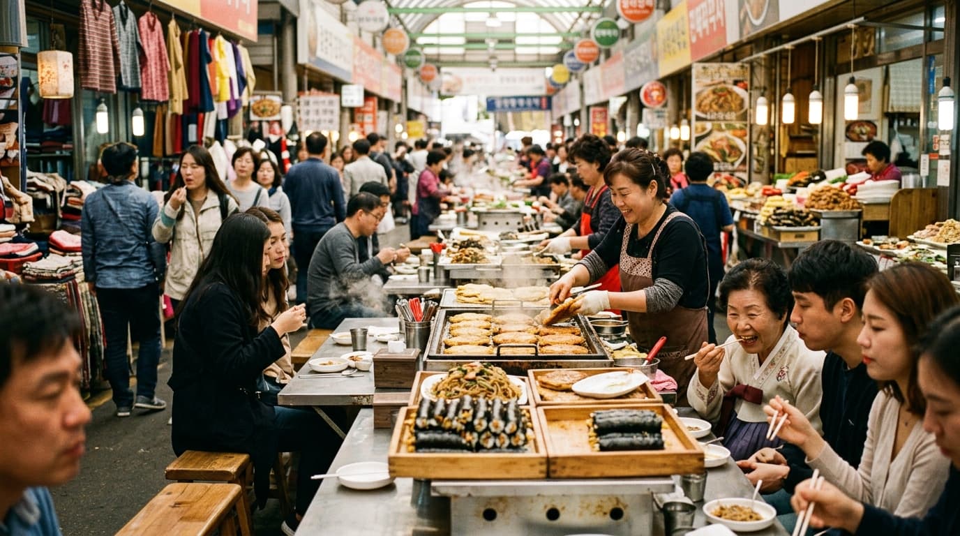 Gwangjang Market street food stalls crowded with people eating and shopping in Seoul