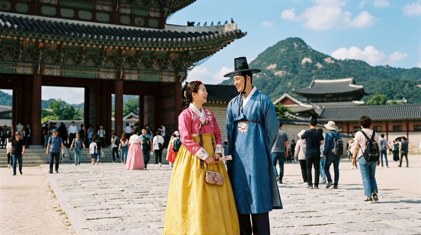 Visitors in hanbok posing in front of Gyeongbokgung Palace's main gate in Seoul