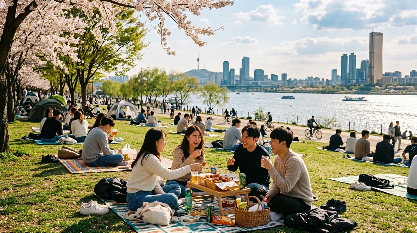 Groups picnicking by the Han River in Yeouido Park with the Seoul skyline behind