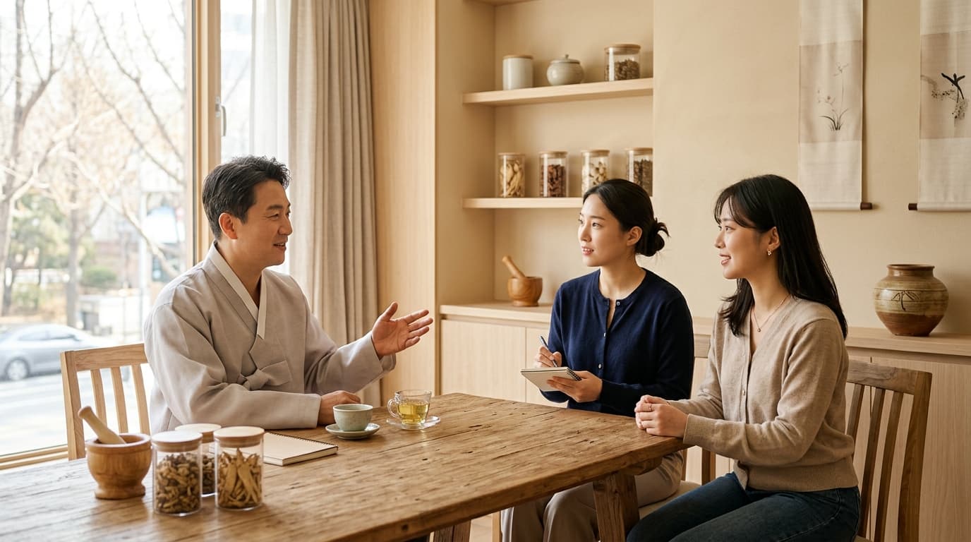 A modern Seoul hanbang clinic with a patient, practitioner, and interpreter
