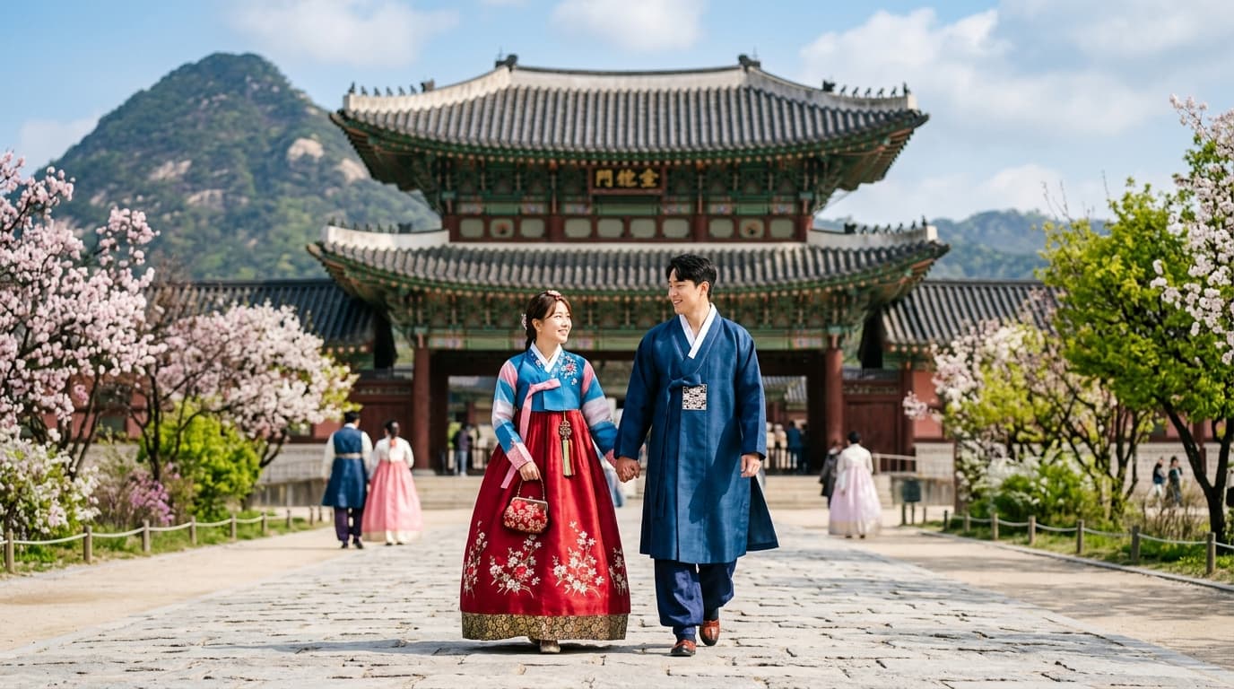 Tourists in colorful hanbok walking to Gyeongbokgung Palace on a sunny day