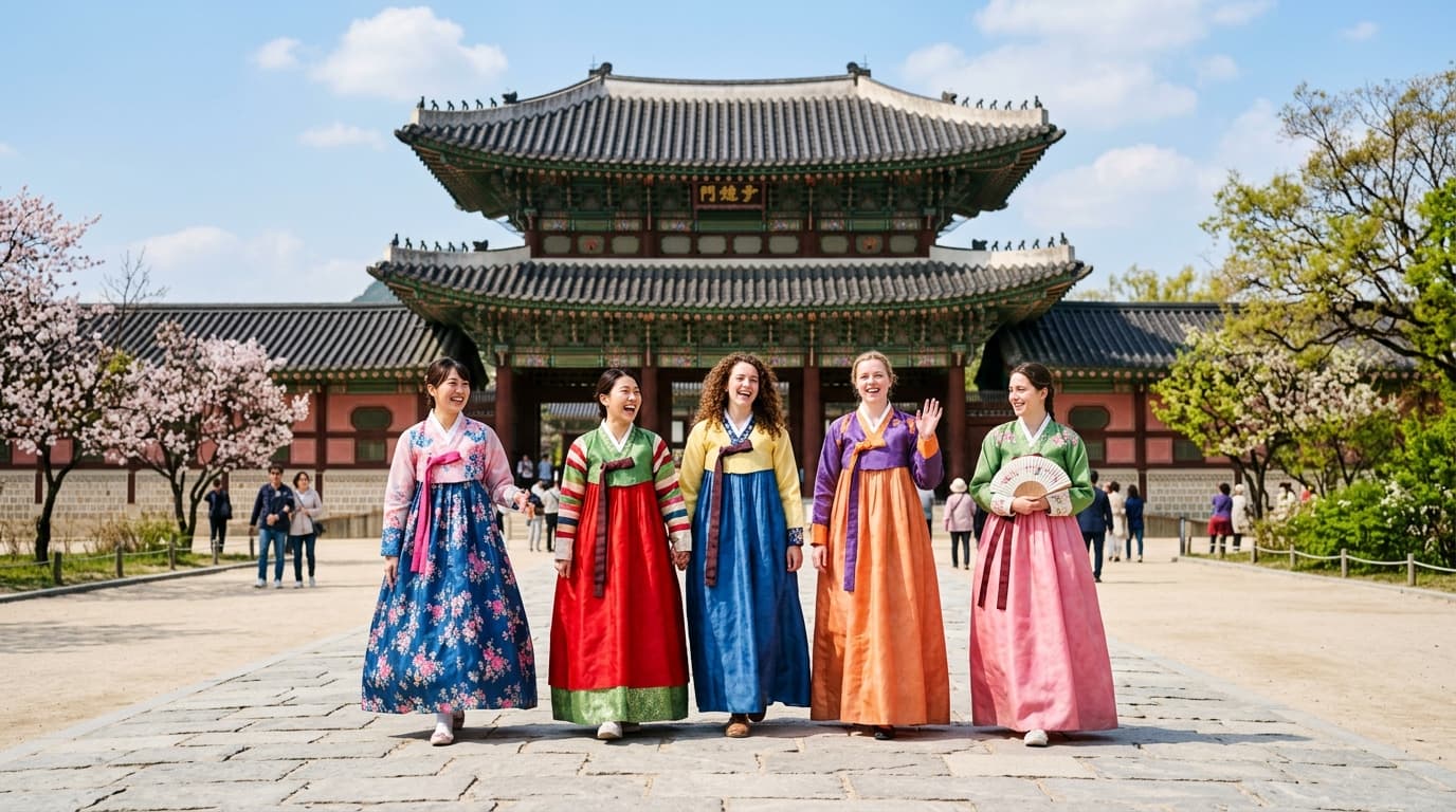 Tourists in hanbok posing in front of Gyeongbokgung Palace in Seoul