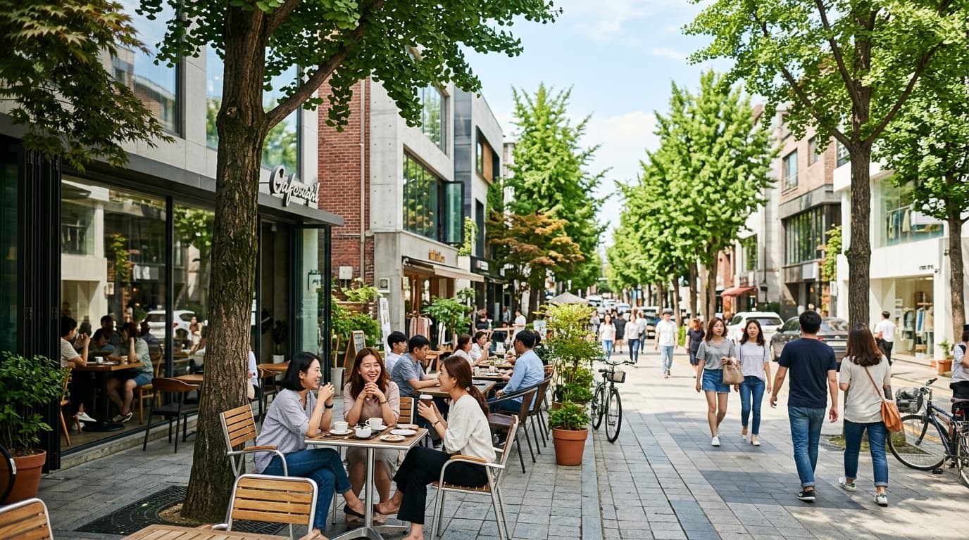 Trendy Garosu-gil cafes and people enjoying drinks along a tree-lined street in Gangnam, Seoul
