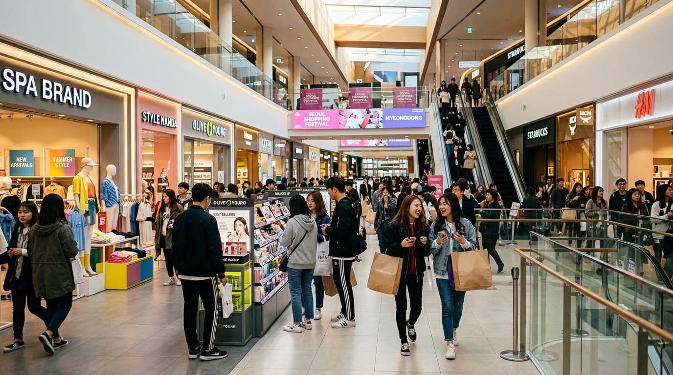 Tourists exploring a lively, modern shopping mall in Myeongdong, Seoul