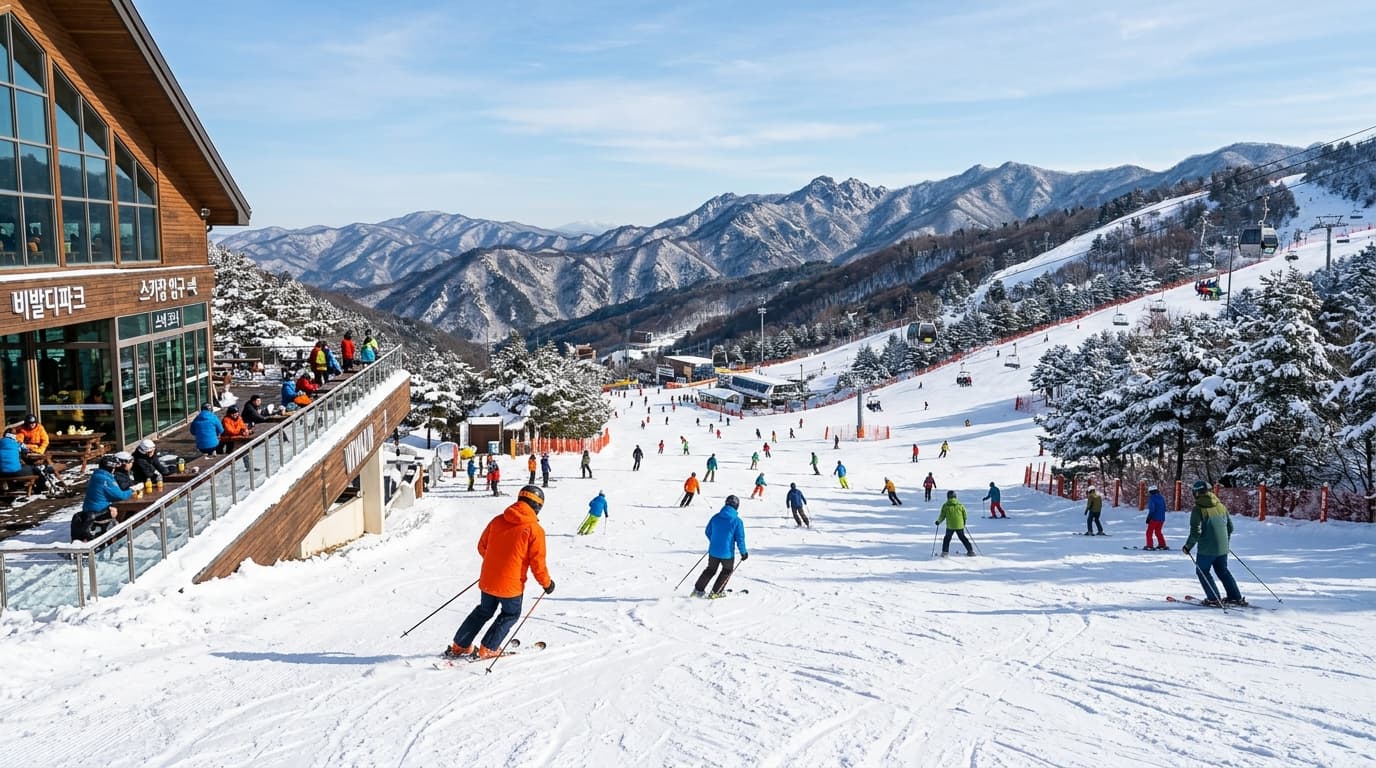 Skiers enjoying snowy slopes at a ski resort near Seoul with mountains and a modern lodge in the background