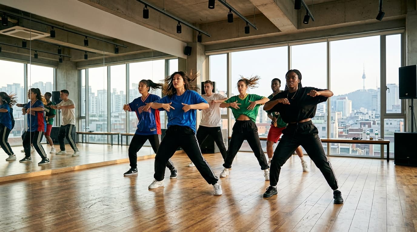 Young adults dancing in a Hongdae K-pop studio with mirrors and Seoul skyline in the background