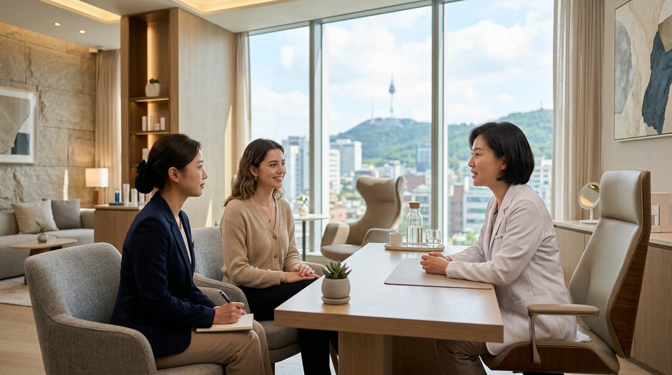 A visitor consulting with a Korean doctor and interpreter in a modern Seoul skin clinic