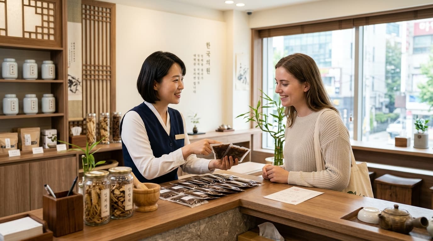 A foreign visitor receiving herbal medicine at a modern Seoul clinic with interpreter support