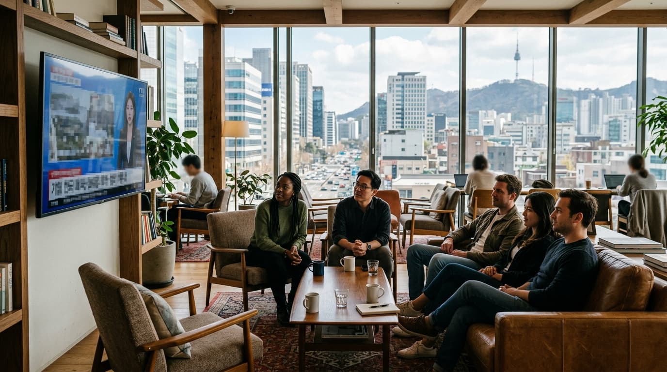 Travelers watching international news on TV in a Seoul hotel lounge