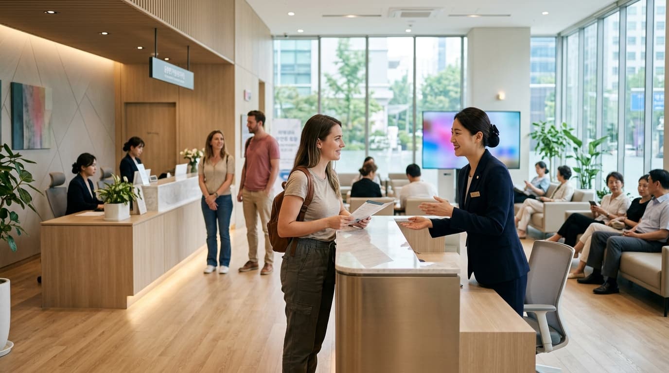 Modern hospital reception in Gangnam, Seoul, with an interpreter assisting a foreign visitor