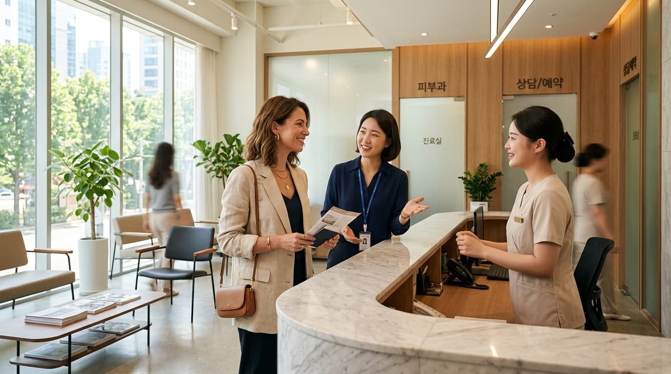 A tourist in a Seoul clinic lobby greeted by staff and an English interpreter