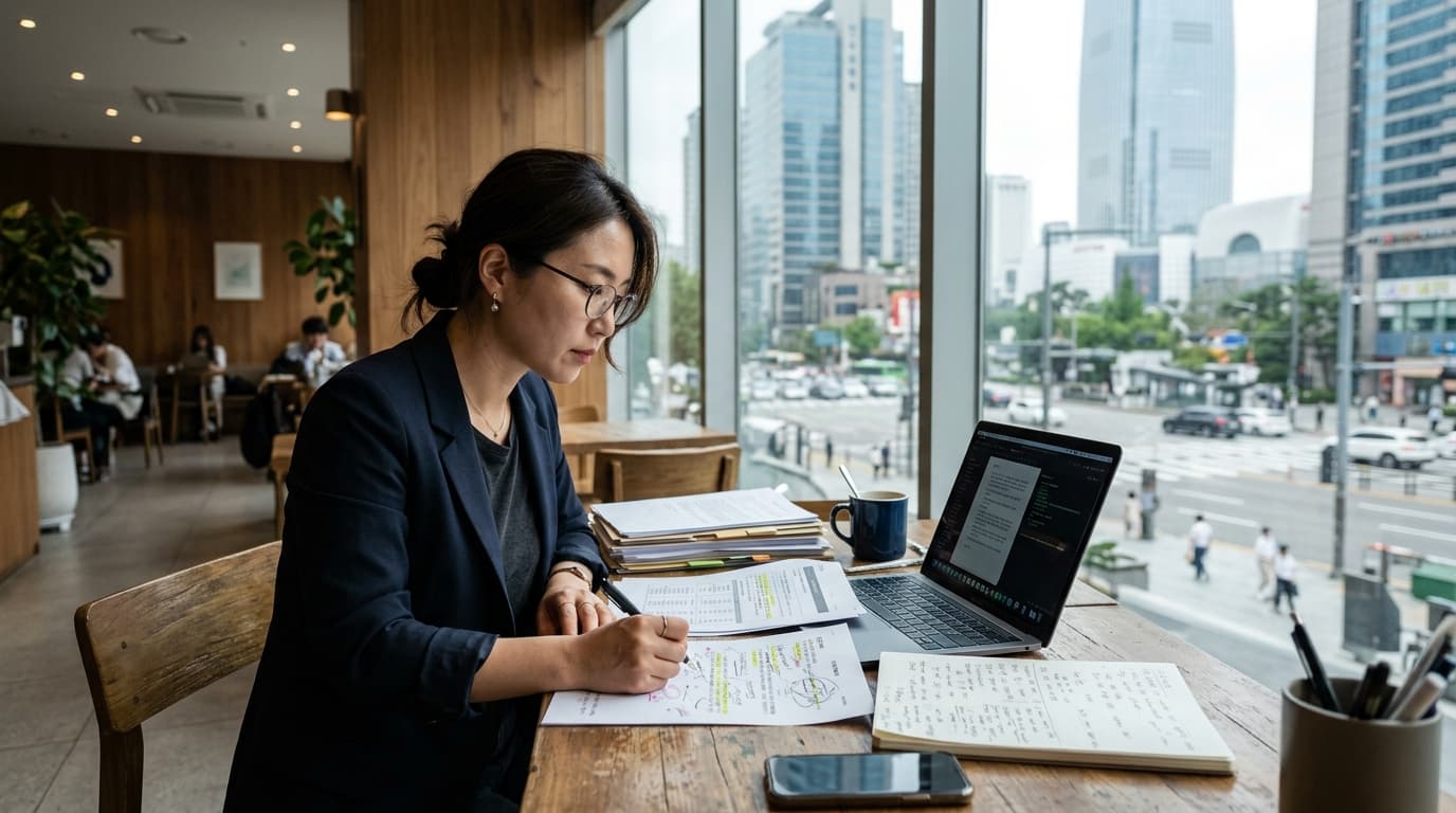 Investigative journalist reviewing documents in a modern Seoul café with city view