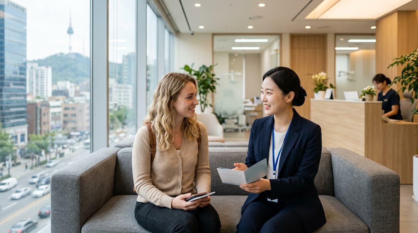 A modern Korean dental clinic in Seoul with an interpreter assisting a foreign visitor