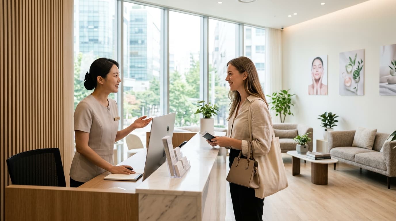 A modern Gangnam clinic reception with an English-speaking staff welcoming a foreign visitor