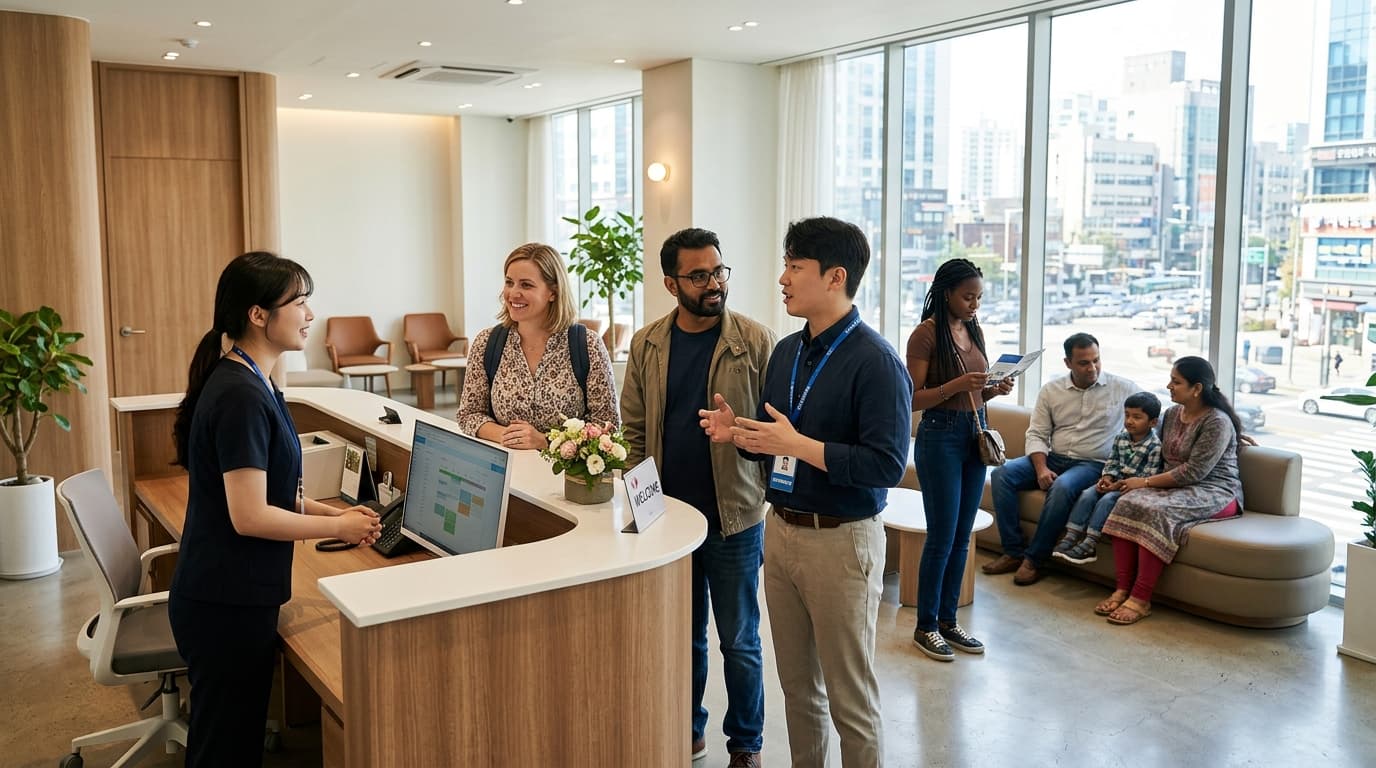 International tourists at a bright Seoul eye clinic reception with English interpreter