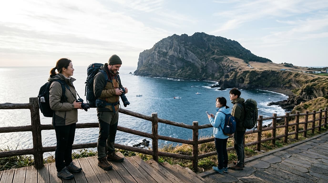 Tourists at Seongsan Sunrise Peak on Jeju Island with ocean view