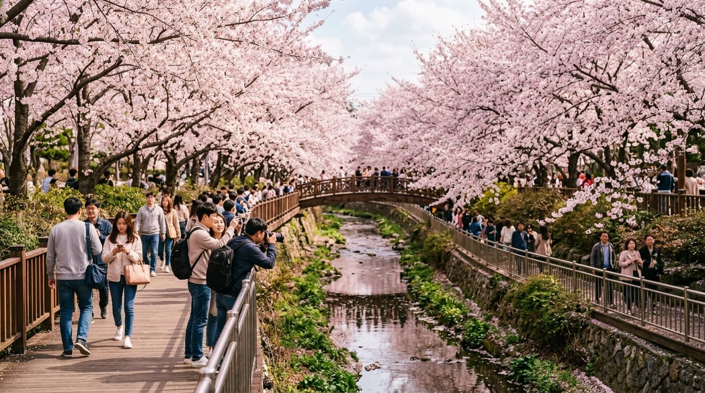 Visitors enjoying cherry blossoms along Yeojwacheon Stream in Jinhae
