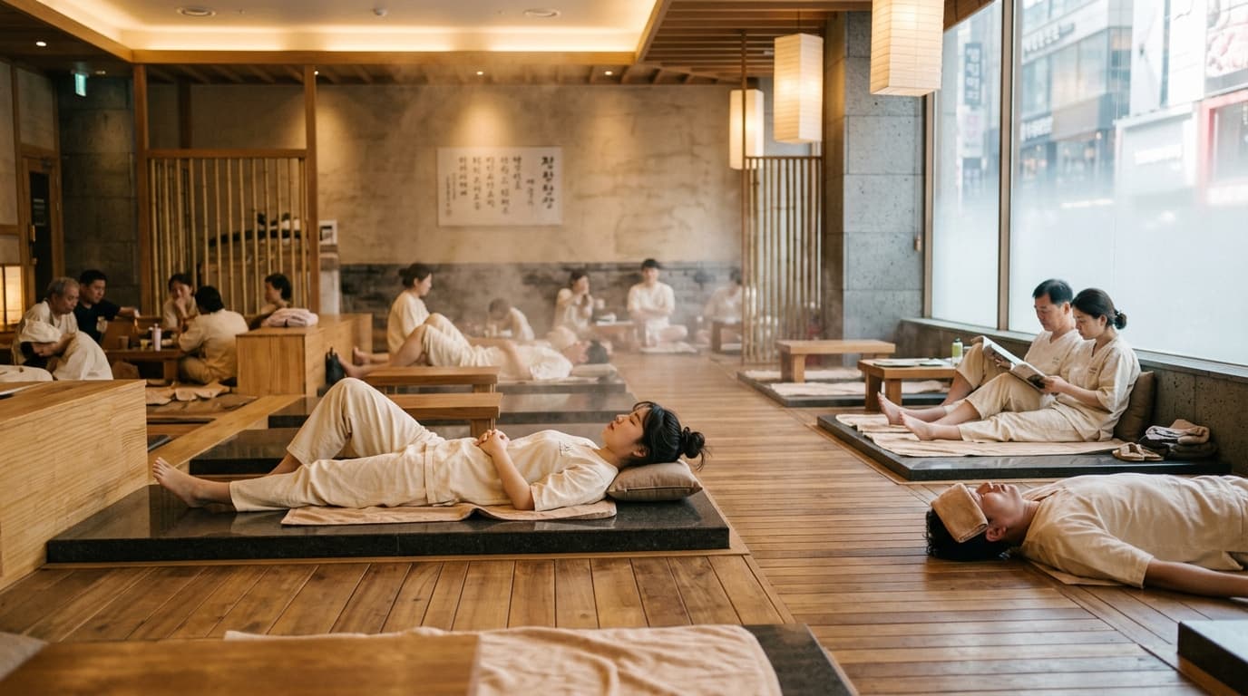 Tourists relaxing in a modern jjimjilbang lounge in Myeongdong, Seoul