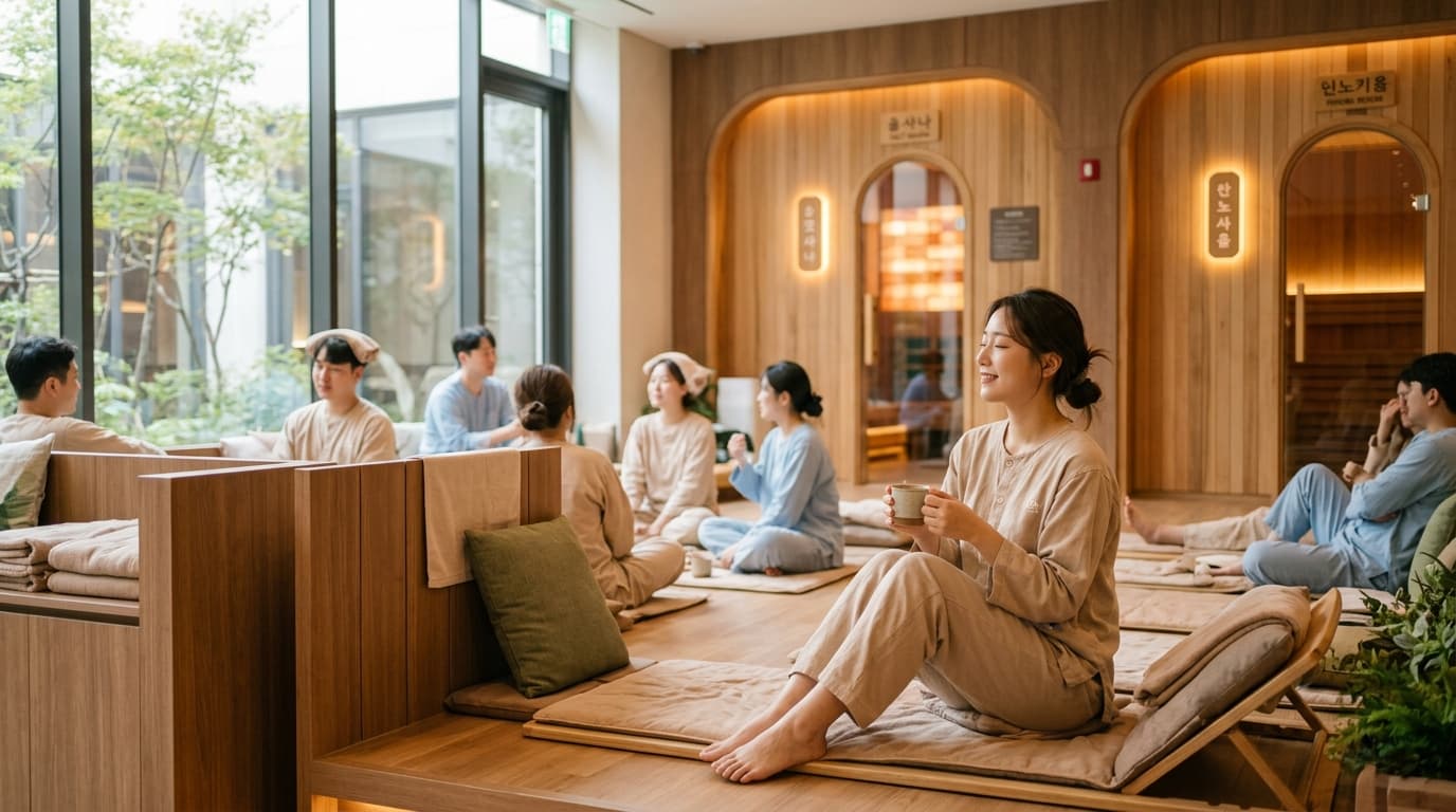 Travelers relaxing in a Seoul jjimjilbang lounge with wooden sauna rooms