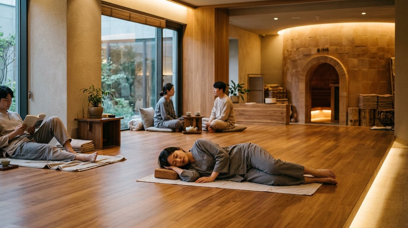 A serene Seoul jjimjilbang lounge with guests in uniforms relaxing on heated floors
