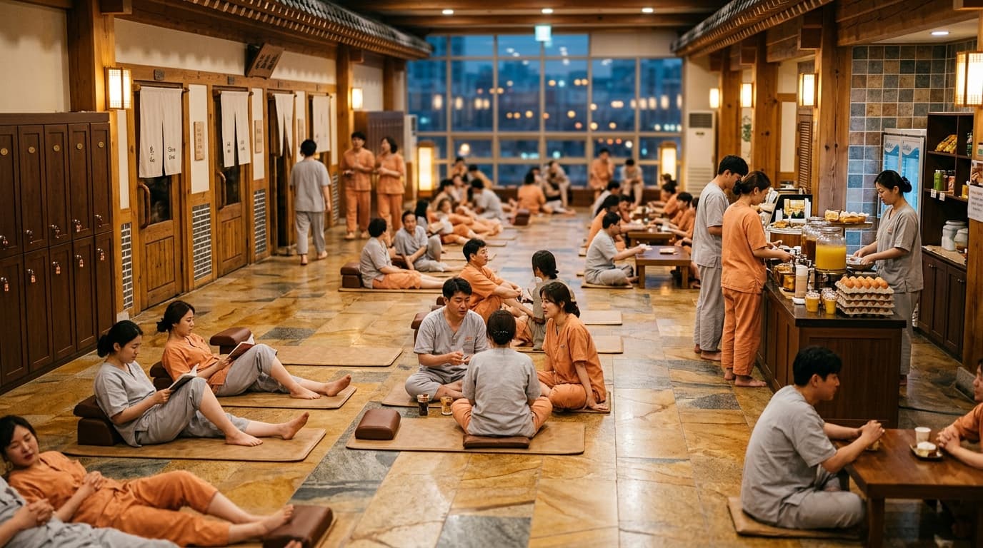 Modern jjimjilbang lounge in Seoul with guests relaxing in spa clothes and Korean decor