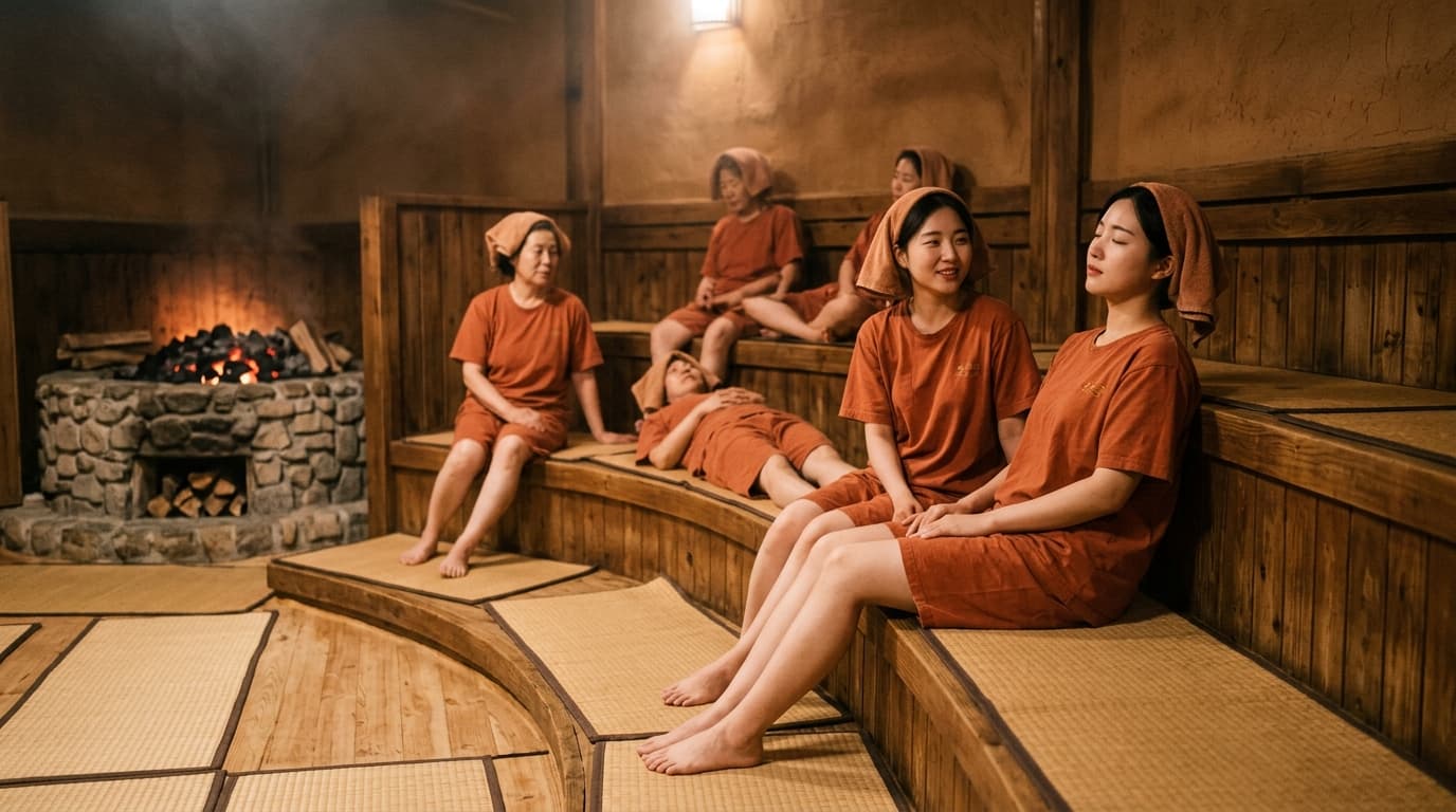 Guests relaxing in a wood-paneled sauna room inside a Seoul jjimjilbang