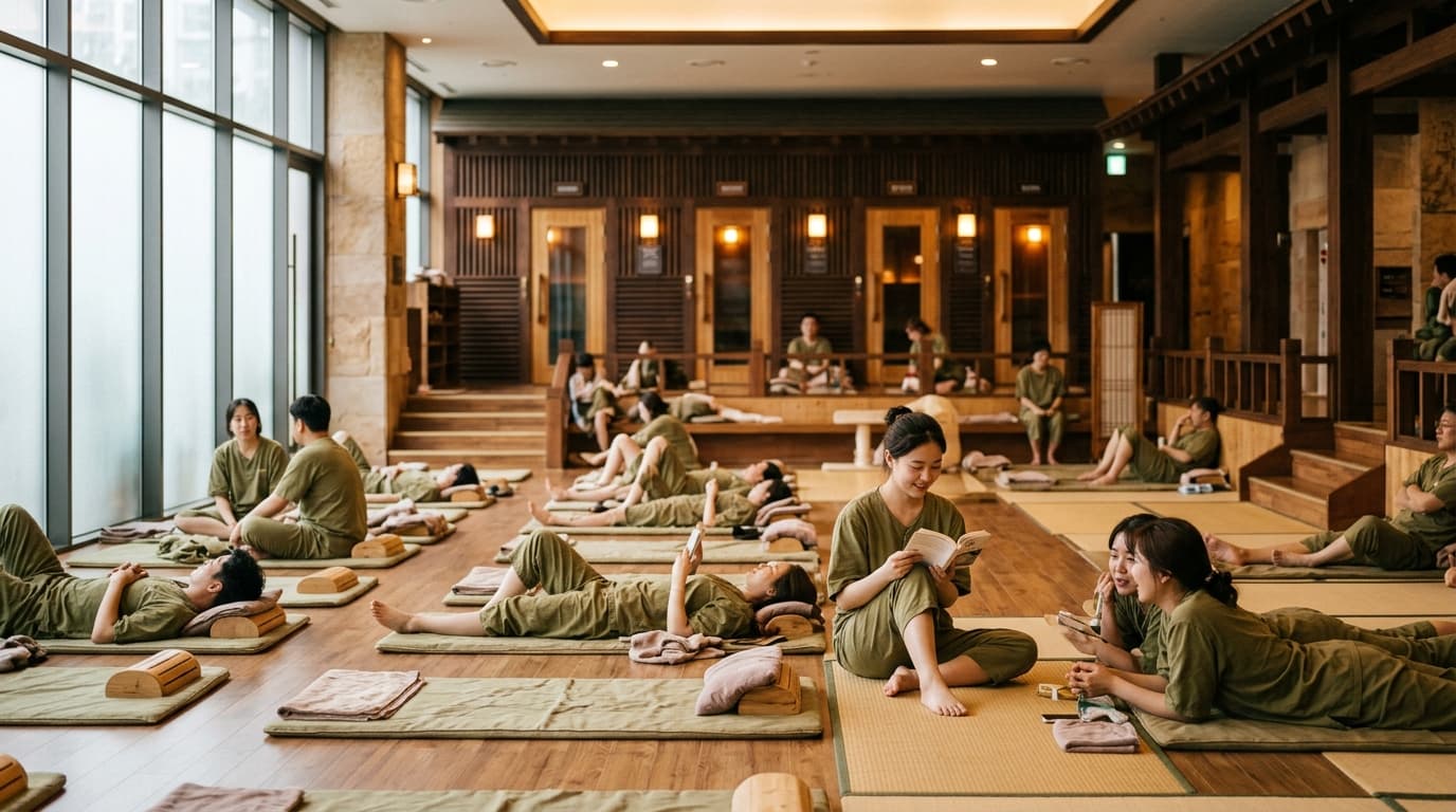Visitors relaxing in a jjimjilbang lounge in Seoul, wearing pajamas and enjoying the warm atmosphere