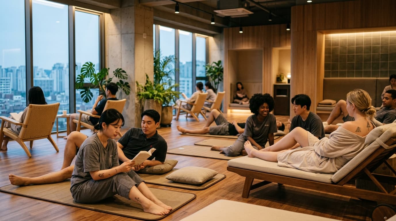 People with and without tattoos relaxing in a modern Seoul jjimjilbang lounge