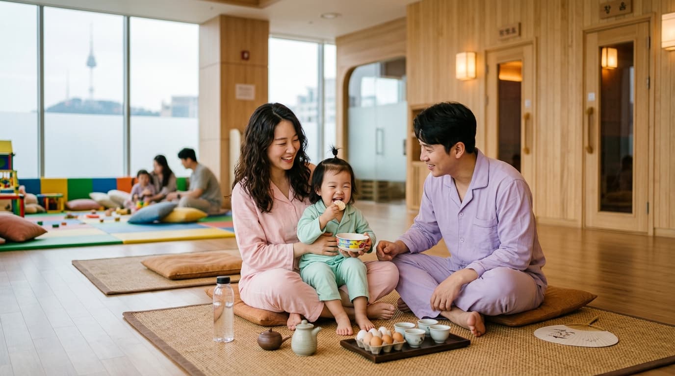 A family relaxes in matching jjimjilbang pajamas at a modern Seoul bathhouse lounge