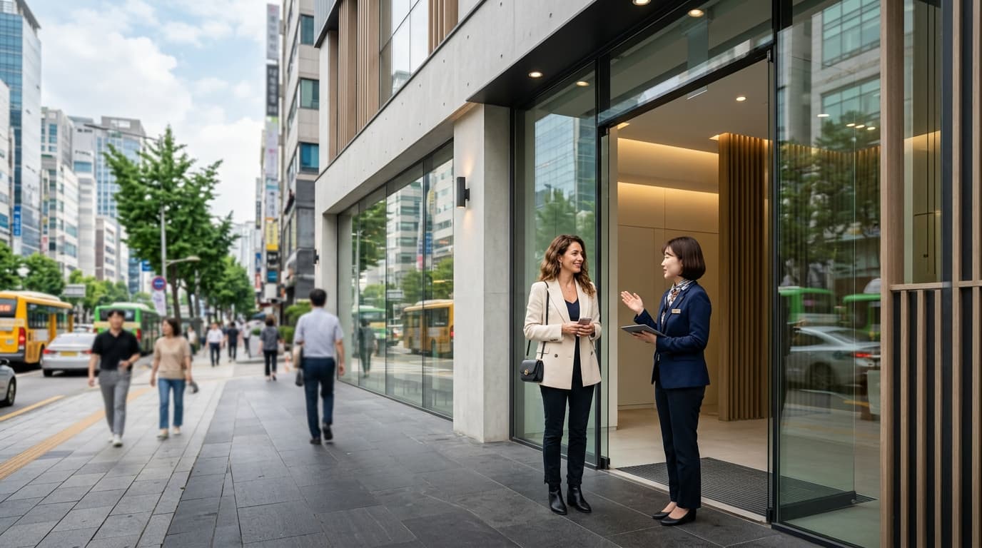 International visitor with interpreter outside a modern Seoul plastic surgery clinic in Gangnam