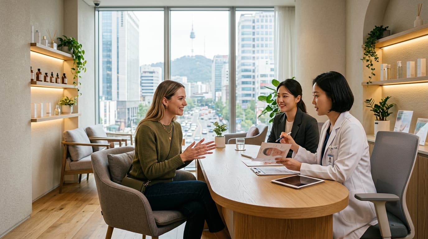 A traveler with an English interpreter and clinic staff inside a modern Korean skin clinic in Seoul