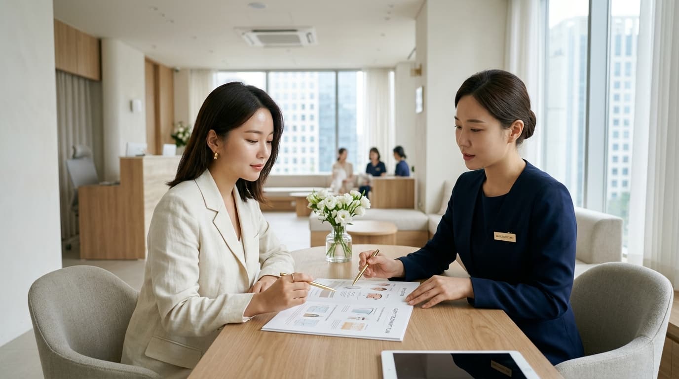 A visitor and staff member discuss a treatment plan in a modern Gangnam skin clinic