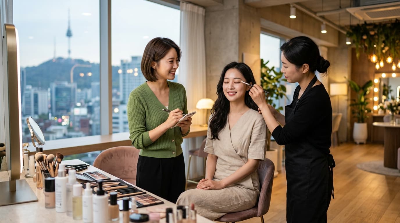 A visitor receiving a K-beauty makeover with English interpreter in a modern Seoul studio