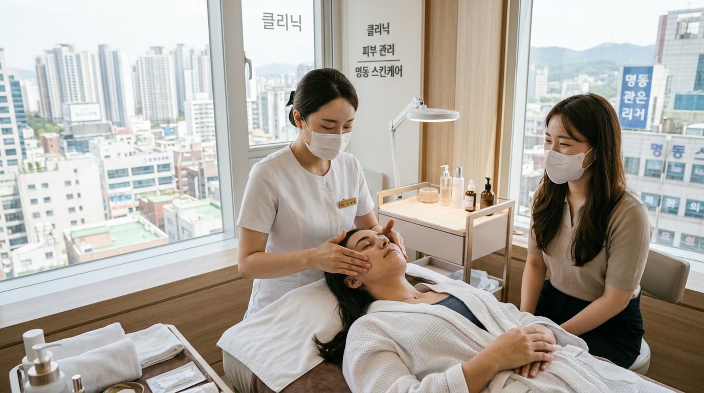 International visitor receiving a facial treatment with interpreter at a Seoul skin clinic