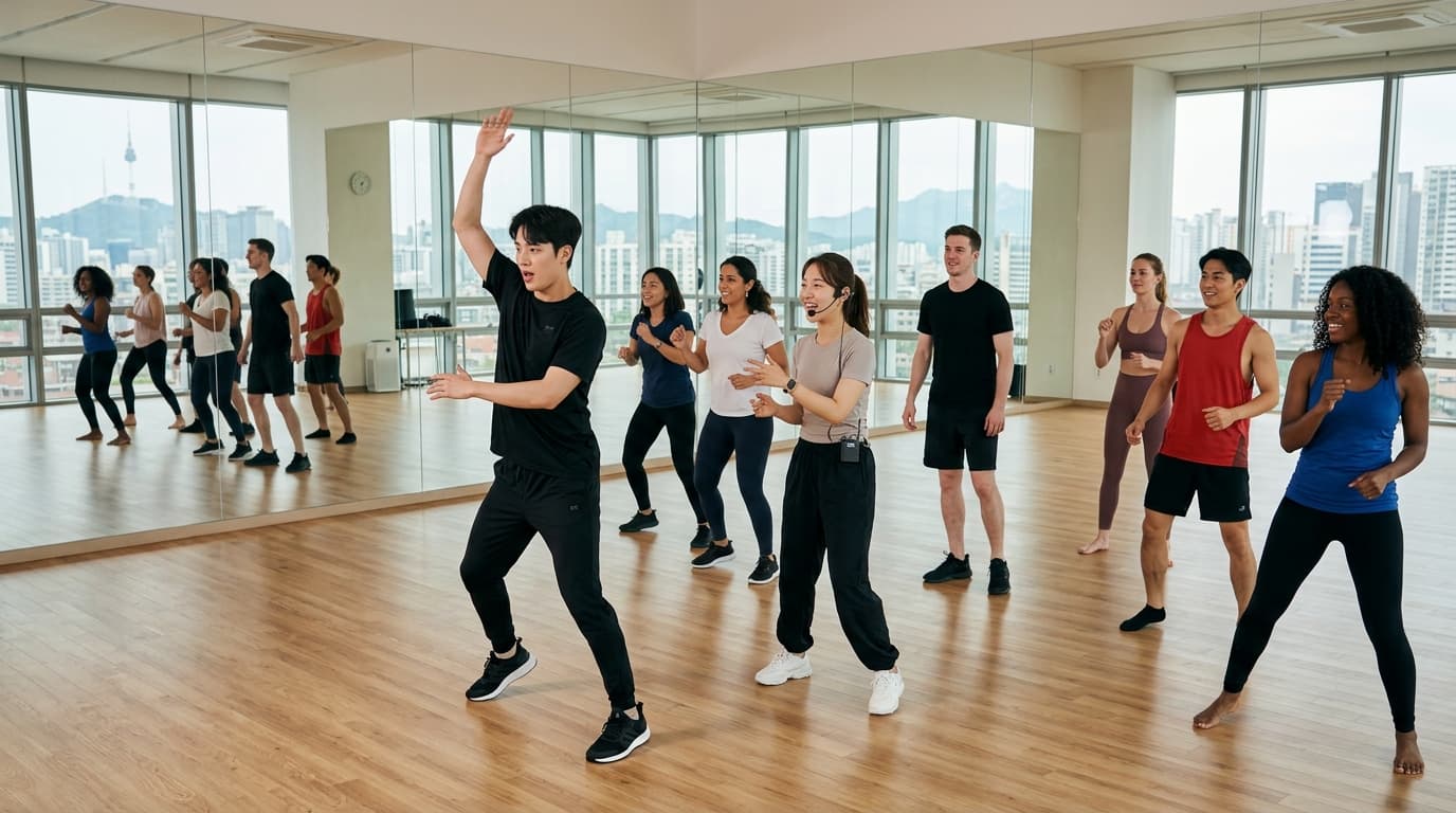 Group of travelers taking a K-pop dance class in a Seoul studio with an instructor and interpreter