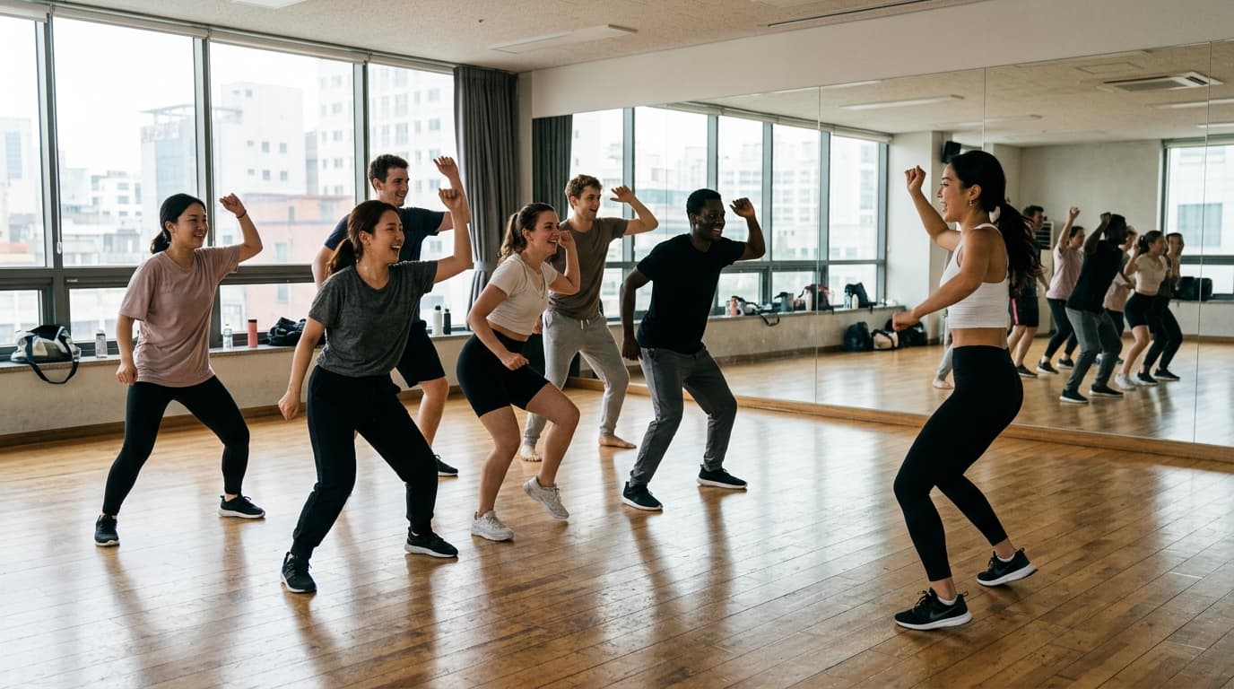 Group of young adults practicing K-pop dance in a Seoul studio with a professional instructor
