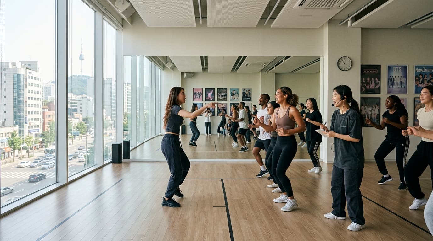 Travelers taking a K-pop dance class in a Seoul studio with an English interpreter