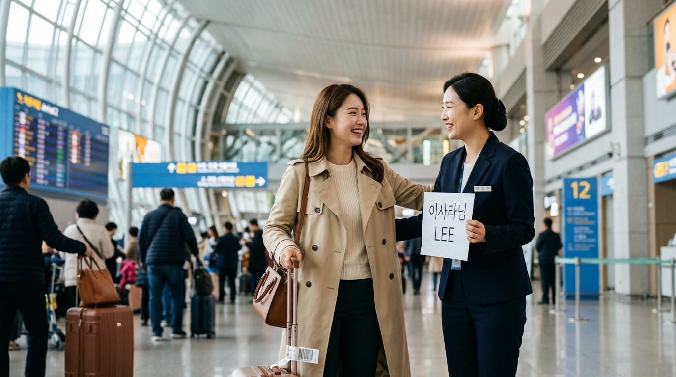 A traveler meeting her driver at Incheon Airport for a plastic surgery package in Seoul