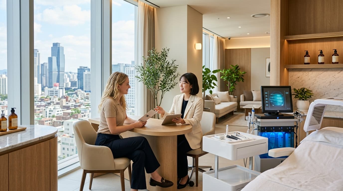 A Western tourist with an English interpreter inside a modern Korean skin clinic in Seoul
