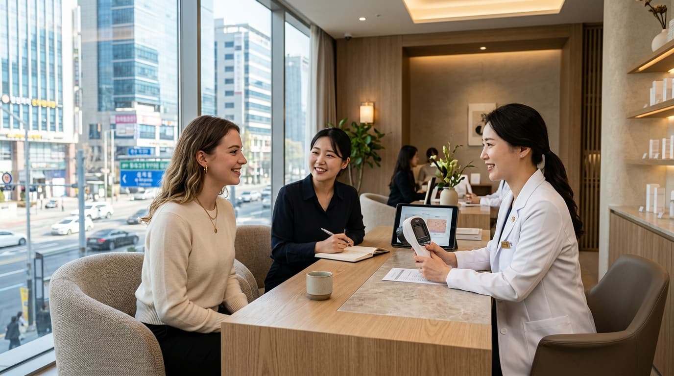 A visitor consulting with staff and interpreter inside a modern Seoul skin clinic