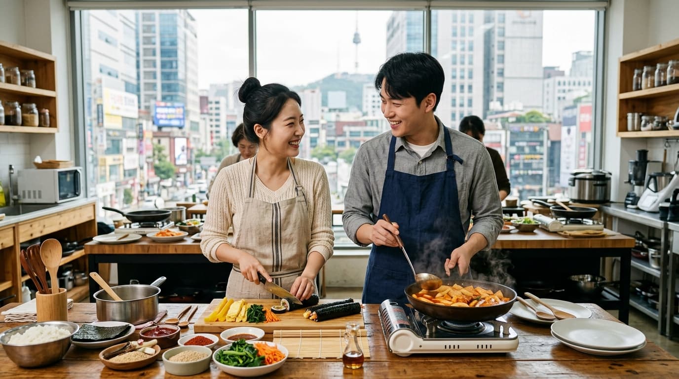 Young couple cooking tteokbokki and kimbap together in a Seoul kitchen classroom