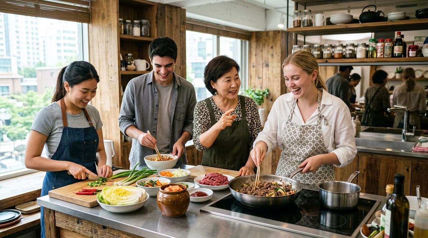 Travelers cooking Korean dishes with an English-speaking instructor in a Seoul kitchen studio